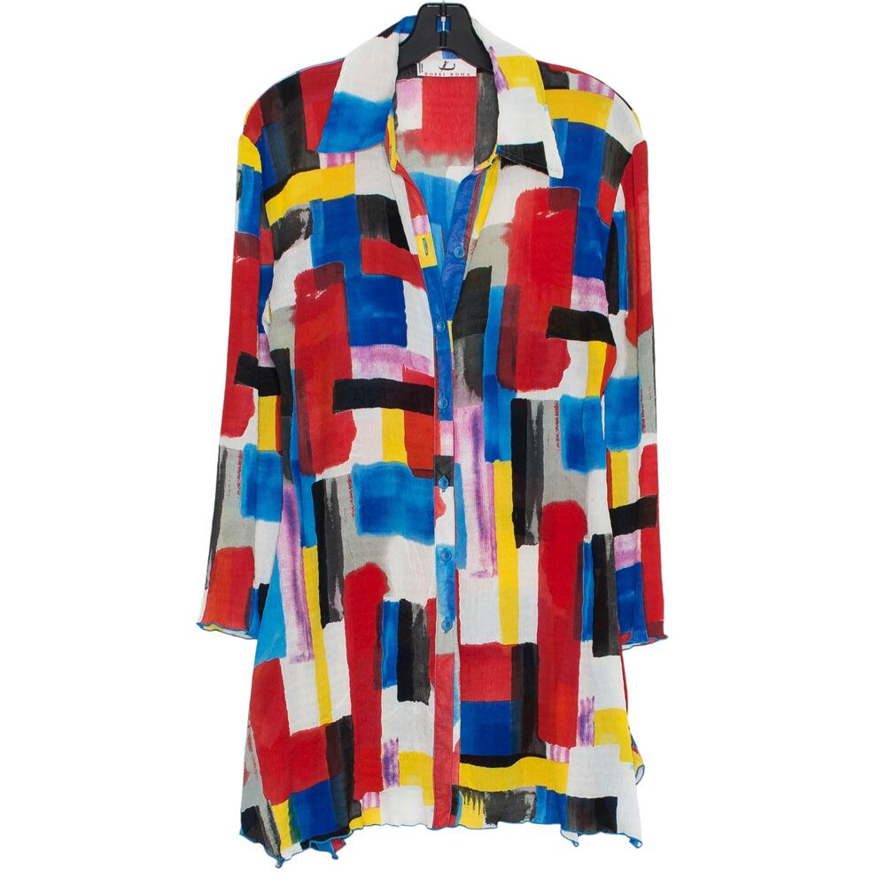 Rossi Roma Abstract Artsy Crinkle Sheer Tunic Top Button Up Lagenlook Vintage M